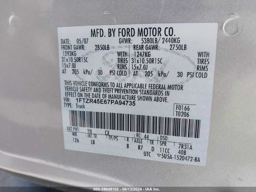 2007 Ford Ranger Fx4 Level Ii/Fx4 Off-Road/Sport/Xlt VIN: 1FTZR45E67PA94735 Lot: 39649102