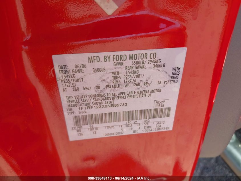 2006 Ford F-150 Stx/Xl/Xlt VIN: 1FTRF122X6NB82733 Lot: 39649113