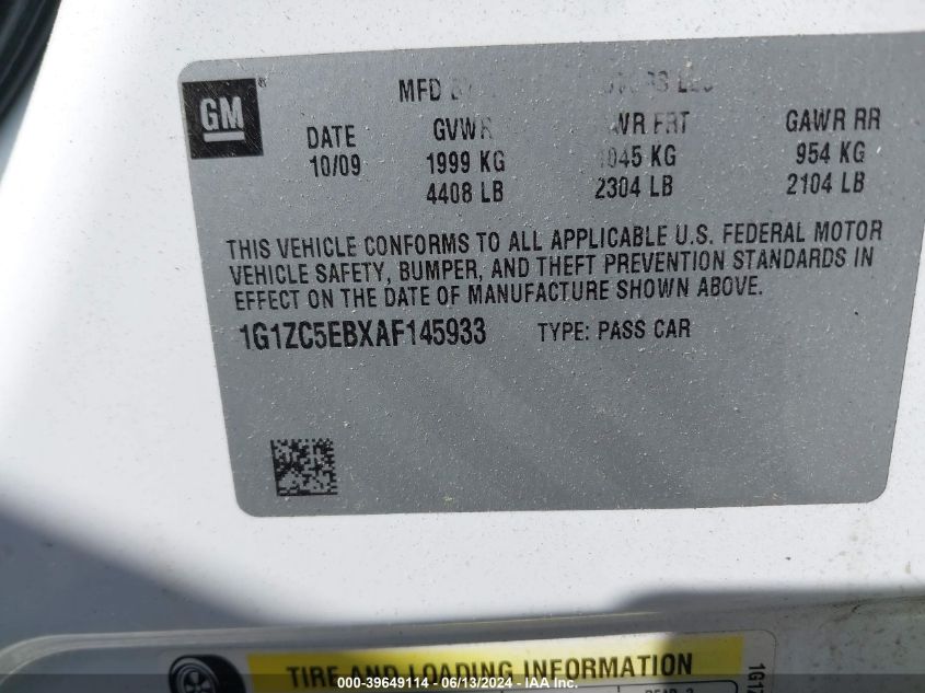 2010 Chevrolet Malibu Lt VIN: 1G1ZC5EBXAF145933 Lot: 39649114