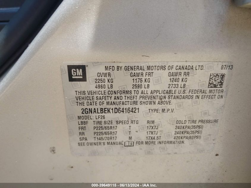 2013 Chevrolet Equinox Ls VIN: 2GNALBEK1D6416421 Lot: 39649115