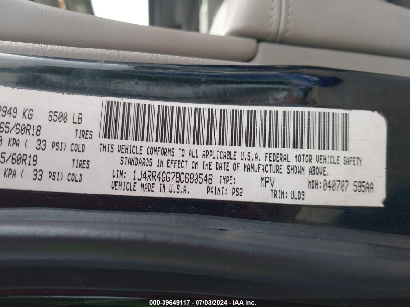 2011 Jeep Grand Cherokee Laredo VIN: 1J4RR4GG7BC680546 Lot: 39649117