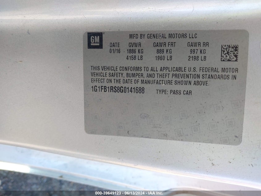 2016 Chevrolet Camaro 1Lt VIN: 1G1FB1RS8G0141688 Lot: 39649123
