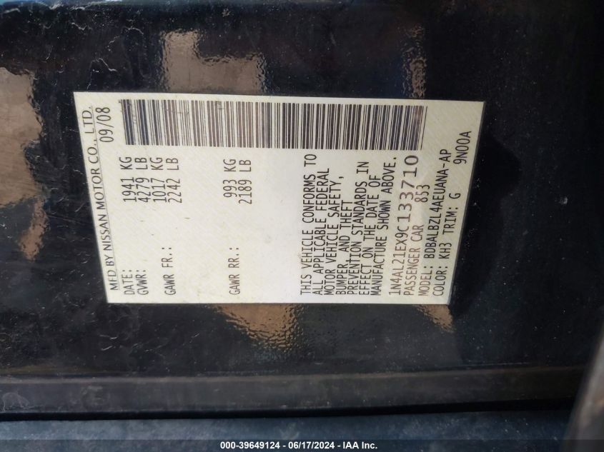 2009 Nissan Altima 2.5 S VIN: 1N4AL21EX9C133710 Lot: 39649124