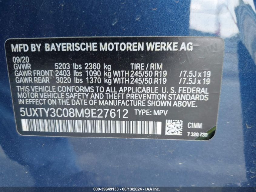 2021 BMW X3 Sdrive30I VIN: 5UXTY3C08M9E27612 Lot: 39649133