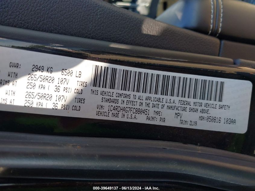 2015 Dodge Durango Sxt VIN: 1C4RDHAG7FC880451 Lot: 39649137