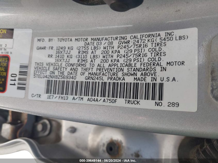 2008 Toyota Tacoma Double Cab VIN: 5TELU42NX8Z569340 Lot: 39649144