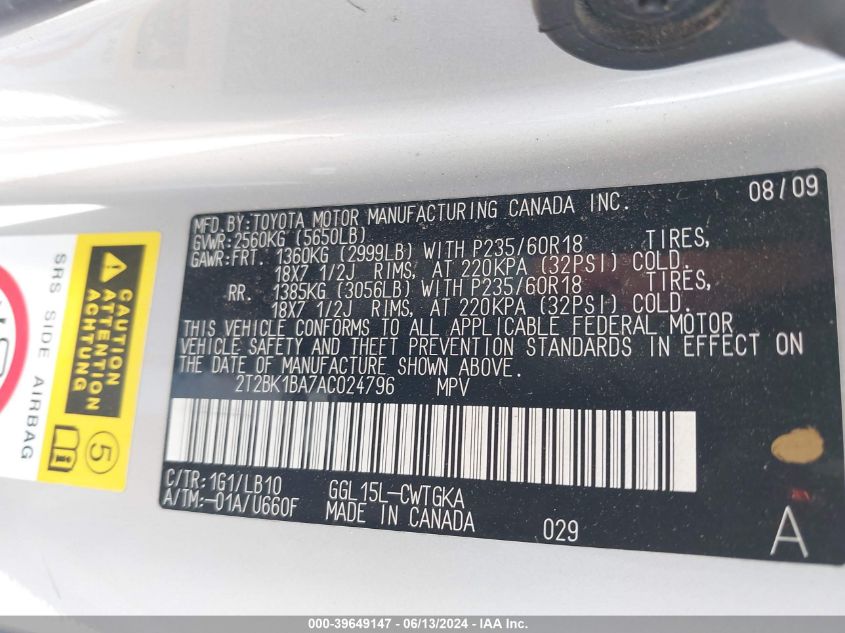 2010 Lexus Rx 350 VIN: 2T2BK1BA7AC024796 Lot: 39649147