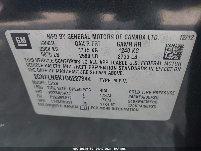 2013 Chevrolet Equinox 2Lt VIN: 2GNFLNEK7D6227344 Lot: 39649150