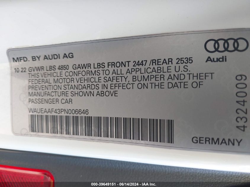 2023 Audi A4 Premium Plus 45 Tfsi S Line Quattro S Tronic VIN: WAUEAAF43PN006646 Lot: 39649151