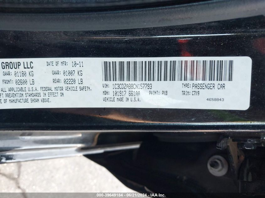 2012 Dodge Avenger Se VIN: 1C3CDZAB8CN157793 Lot: 39649184