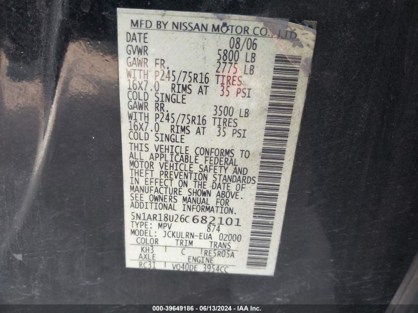 2006 Nissan Pathfinder S VIN: 5N1AR18U26C682101 Lot: 39649186