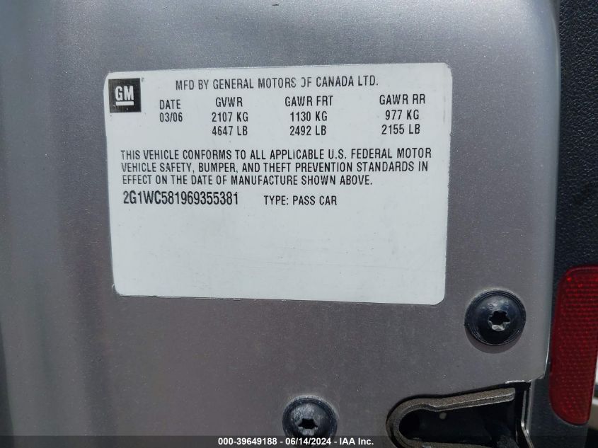 2006 Chevrolet Impala Lt VIN: 2G1WC581969355381 Lot: 39649188