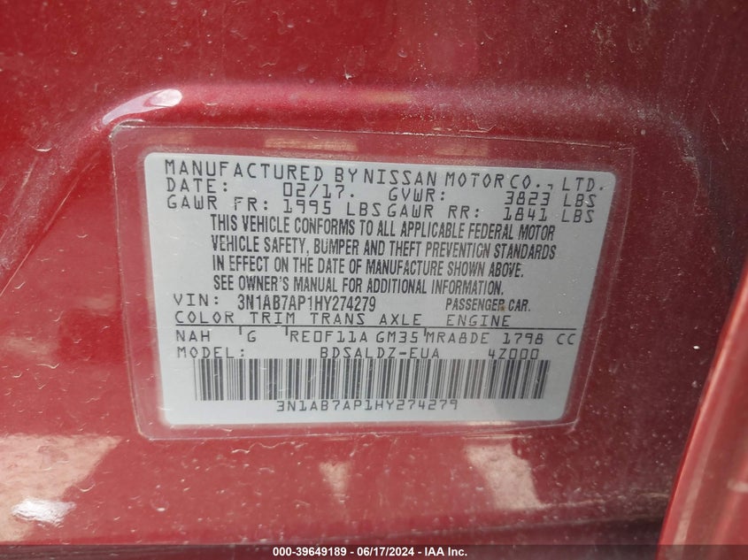 2017 Nissan Sentra Sv VIN: 3N1AB7AP1HY274279 Lot: 39649189