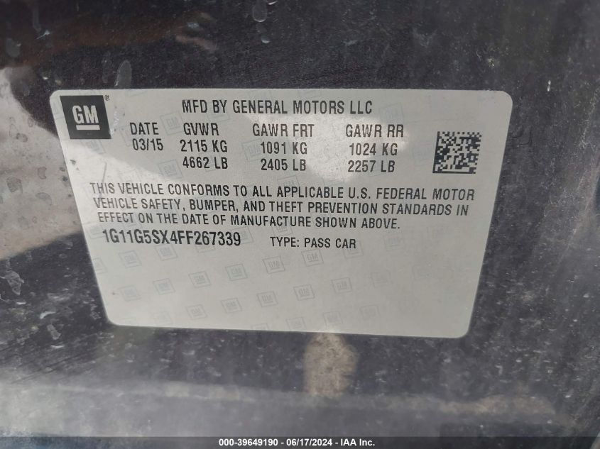 1G11G5SX4FF267339 2015 Chevrolet Malibu 2Lz