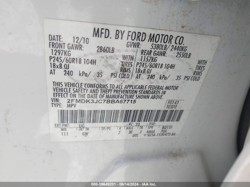 2011 Ford Edge Sel VIN: 2FMDK3JC7BBA67715 Lot: 39649201