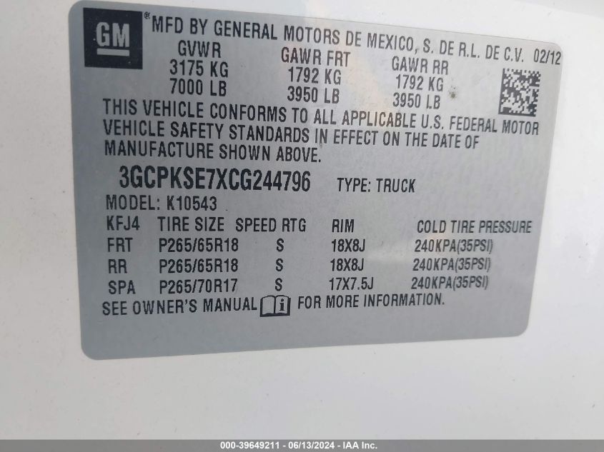 2012 Chevrolet Silverado 1500 Lt VIN: 3GCPKSE7XCG244796 Lot: 39649211