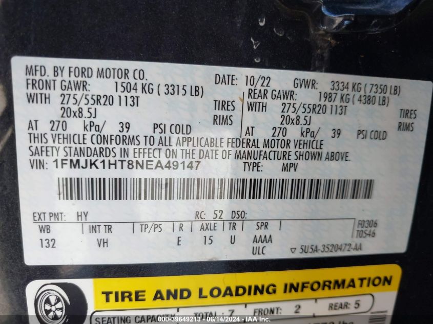 2022 Ford Expedition Xlt Max VIN: 1FMJK1HT8NEA49147 Lot: 39649213