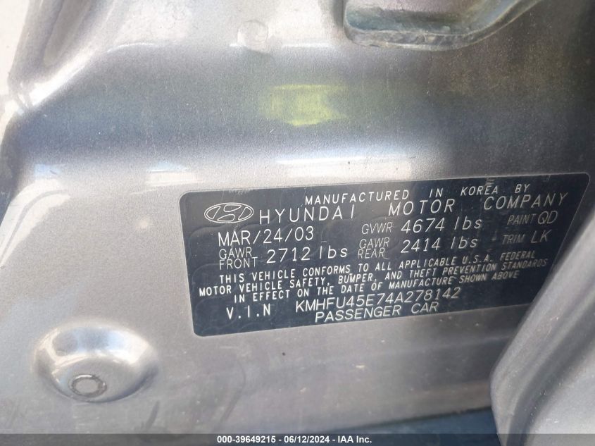 2004 Hyundai Xg350 L VIN: KMHFU45E74A278142 Lot: 39649215