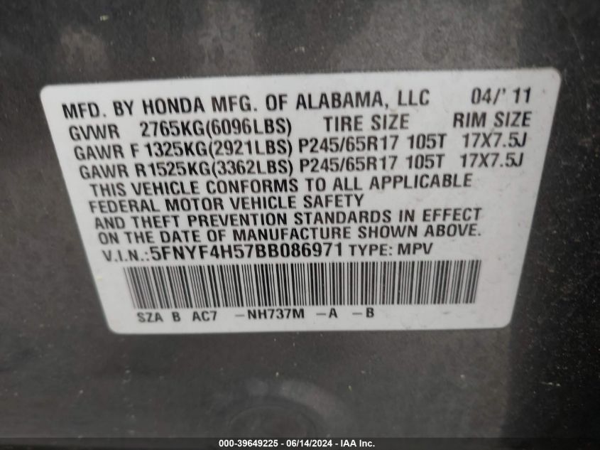 2011 Honda Pilot Ex-L VIN: 5FNYF4H57BB086971 Lot: 39649225