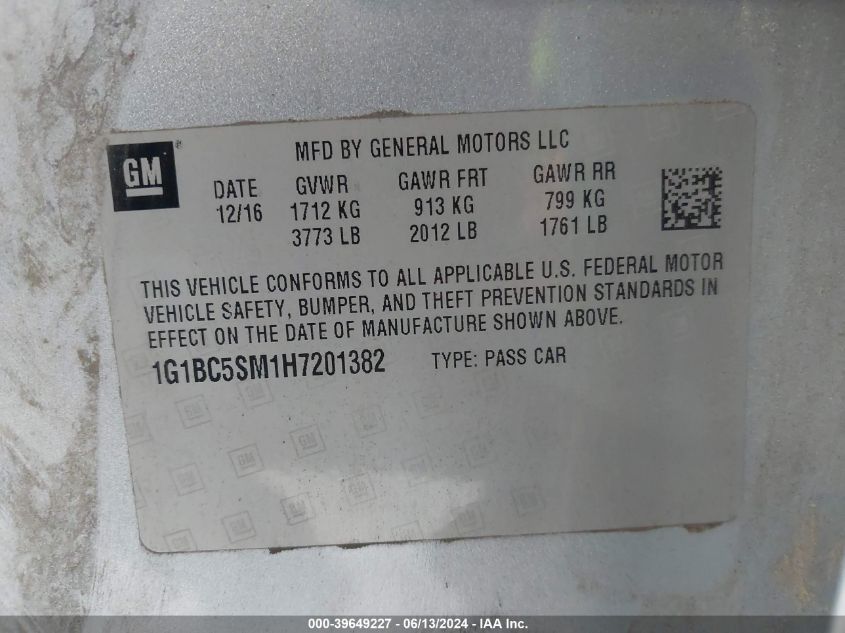 2017 Chevrolet Cruze Ls Auto VIN: 1G1BC5SM1H7201382 Lot: 39649227