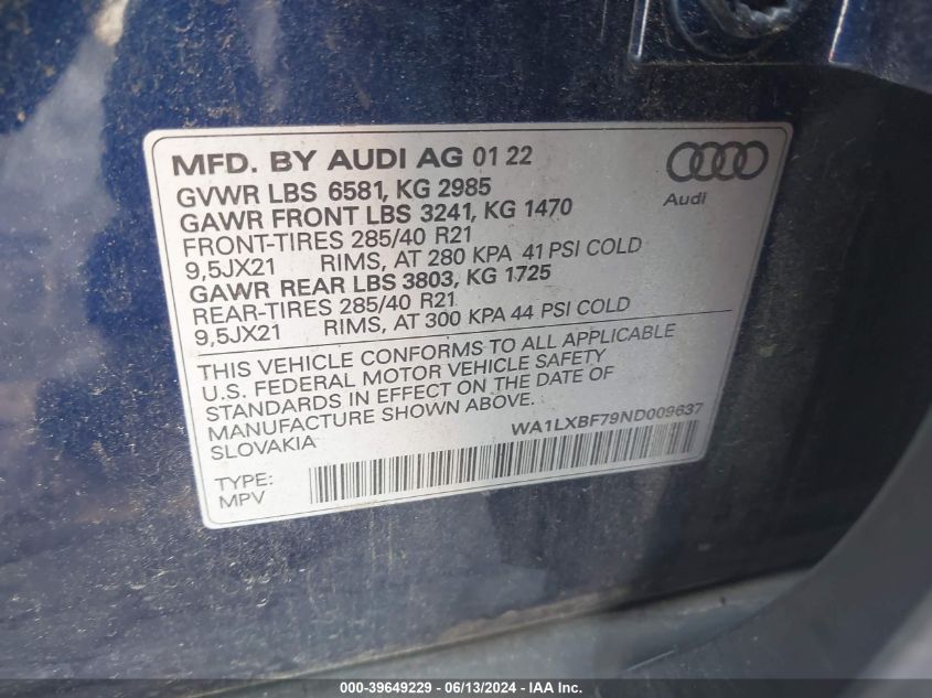 2022 Audi Q7 Premium Plus 55 Tfsi Quattro Tiptronic VIN: WA1LXBF79ND009637 Lot: 39649229