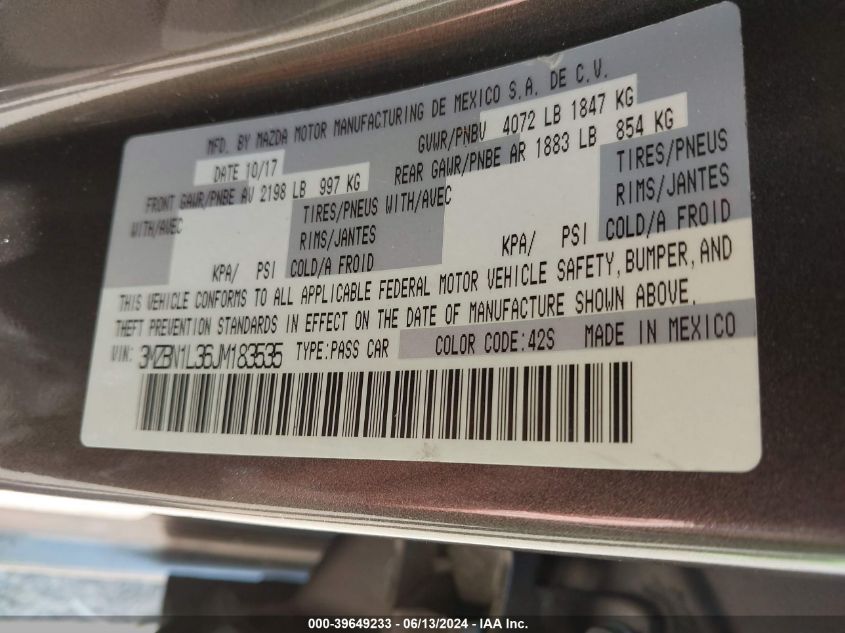 2018 Mazda Mazda3 Touring VIN: 3MZBN1L36JM183535 Lot: 39649233