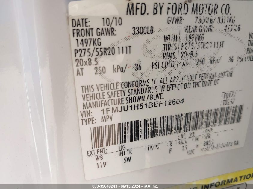2011 Ford Expedition King Ranch VIN: 1FMJU1H51BEF12804 Lot: 39649243