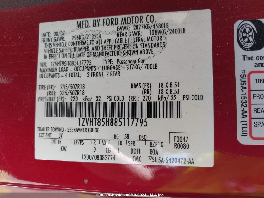 2008 Ford Mustang Gt Deluxe/Gt Premium VIN: 1ZVHT85H885117795 Lot: 39649245