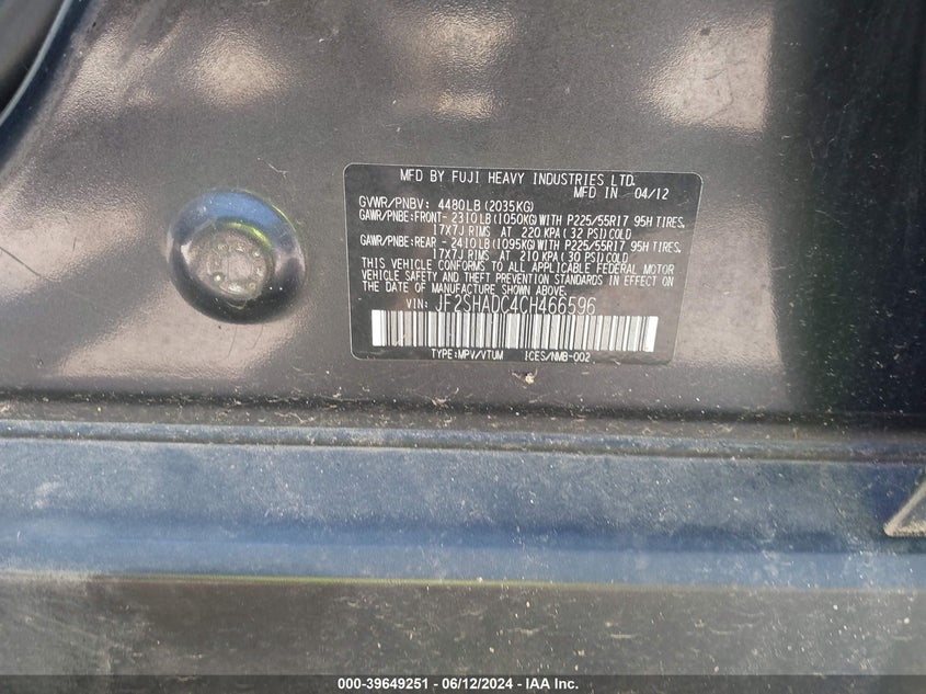 2012 Subaru Forester 2.5X Premium VIN: JF2SHADC4CH466596 Lot: 39649251