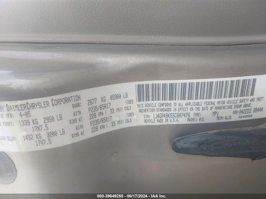 2005 Jeep Grand Cherokee Laredo VIN: 1J4GR48K55C687476 Lot: 39649255