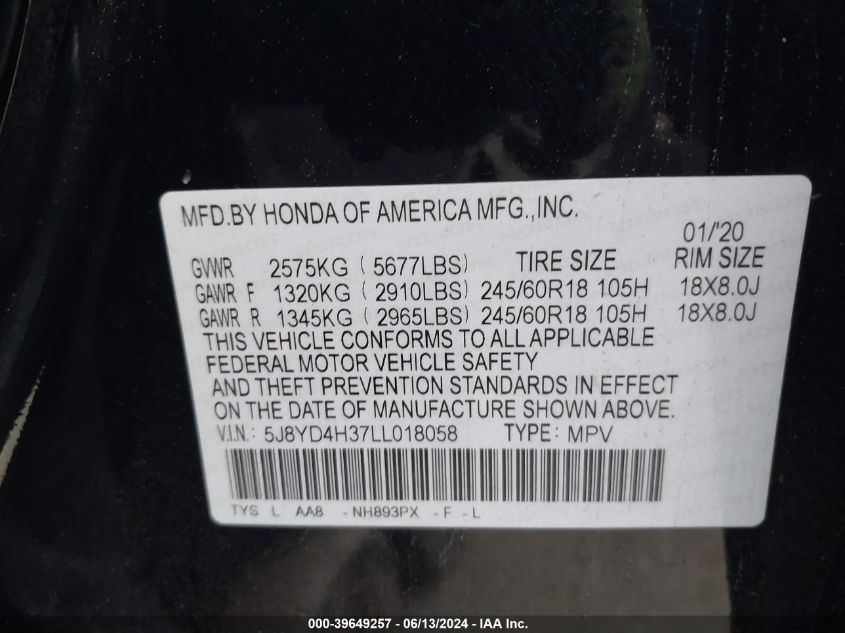 5J8YD4H37LL018058 2020 Acura Mdx Standard