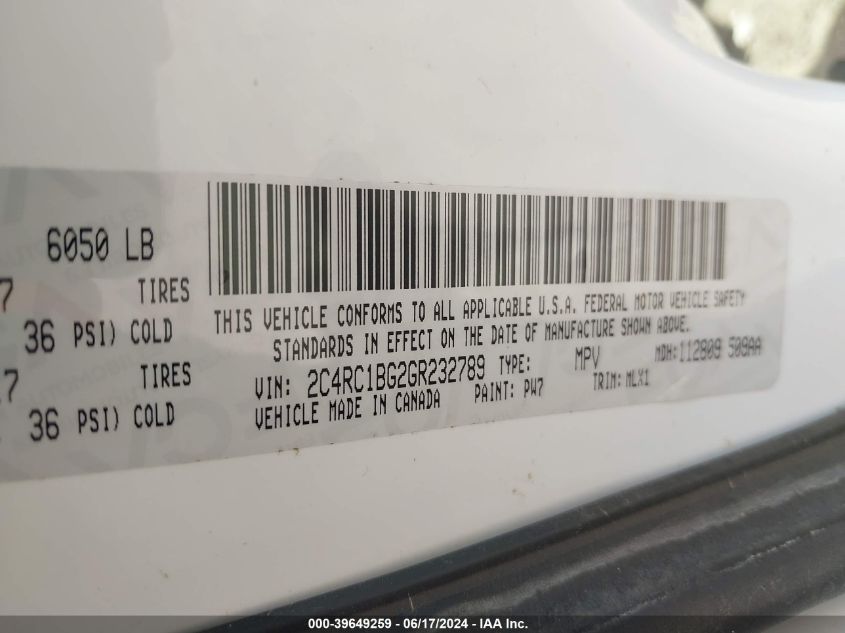 2016 Chrysler Town & Country Touring VIN: 2C4RC1BG2GR232789 Lot: 39649259