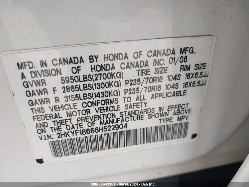 2006 Honda Pilot Ex-L VIN: 2HKYF18666H522904 Lot: 39649261