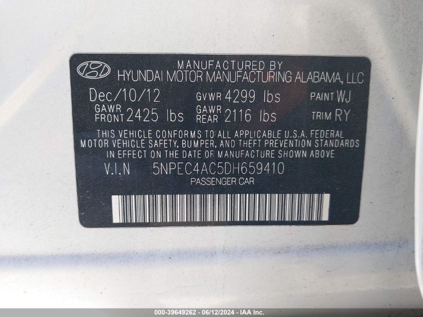 2013 Hyundai Sonata Se VIN: 5NPEC4AC5DH659410 Lot: 39649262