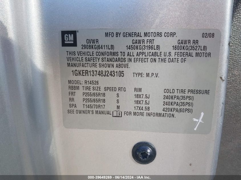 2008 GMC Acadia Sle-1 VIN: 1GKER13748J243105 Lot: 39649269