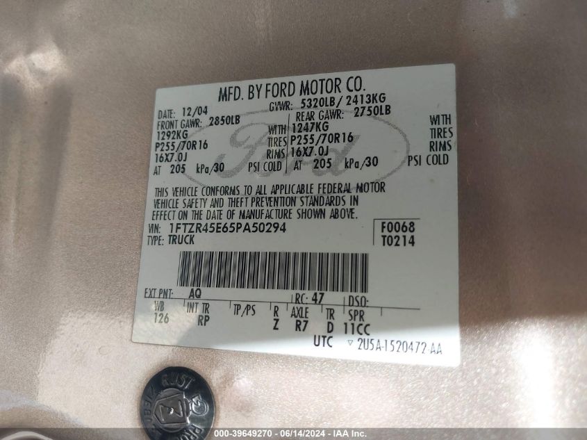 2005 Ford Ranger Edge/Fx4 Level Ii/Fx4 Off-Road/Xlt VIN: 1FTZR45E65PA50294 Lot: 39649270