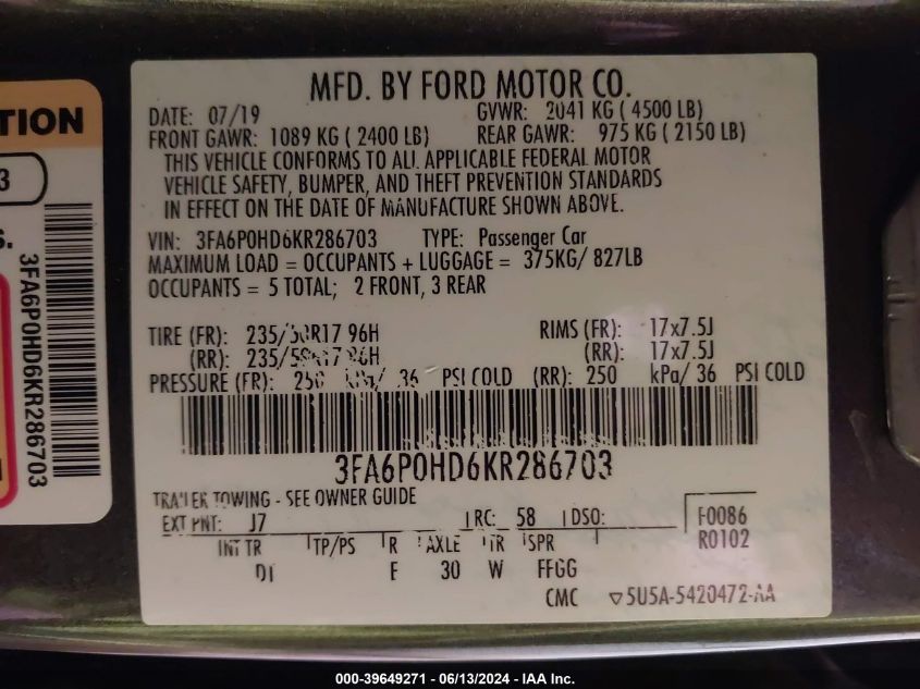 2019 FORD FUSION VIN: 3FA6P0HD6KR286703