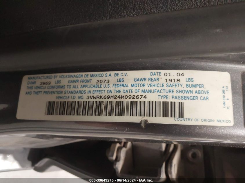 2004 Volkswagen Jetta Gl VIN: 3VWRK69M24M092674 Lot: 39649275