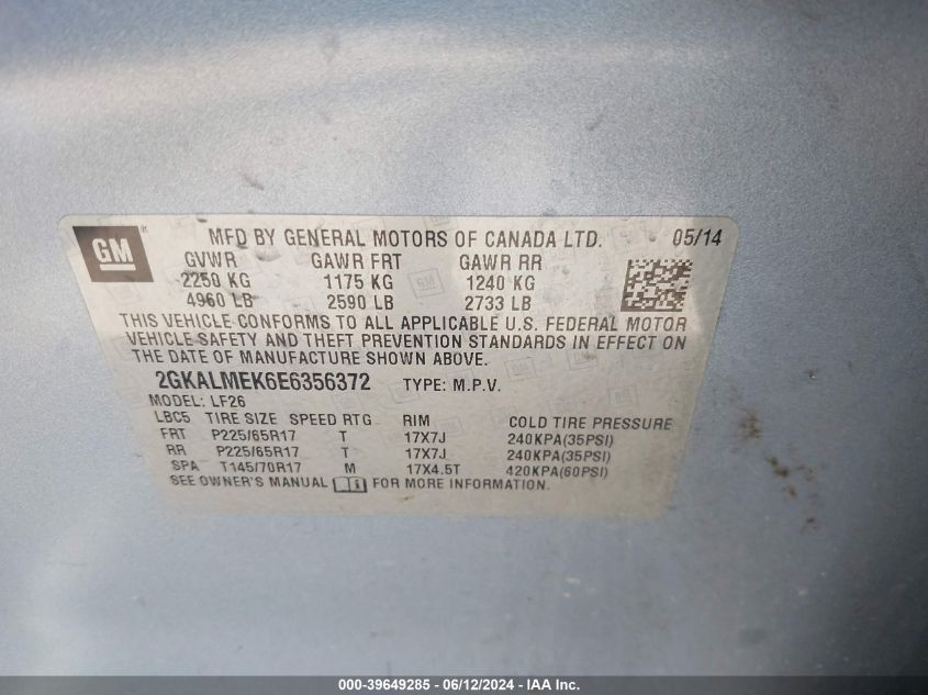 2014 GMC Terrain Sle-1 VIN: 2GKALMEK6E6356372 Lot: 39649285