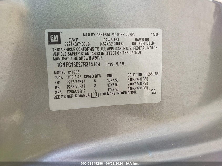 2007 Chevrolet Tahoe Lt VIN: 1GNFC13027R314149 Lot: 39649286