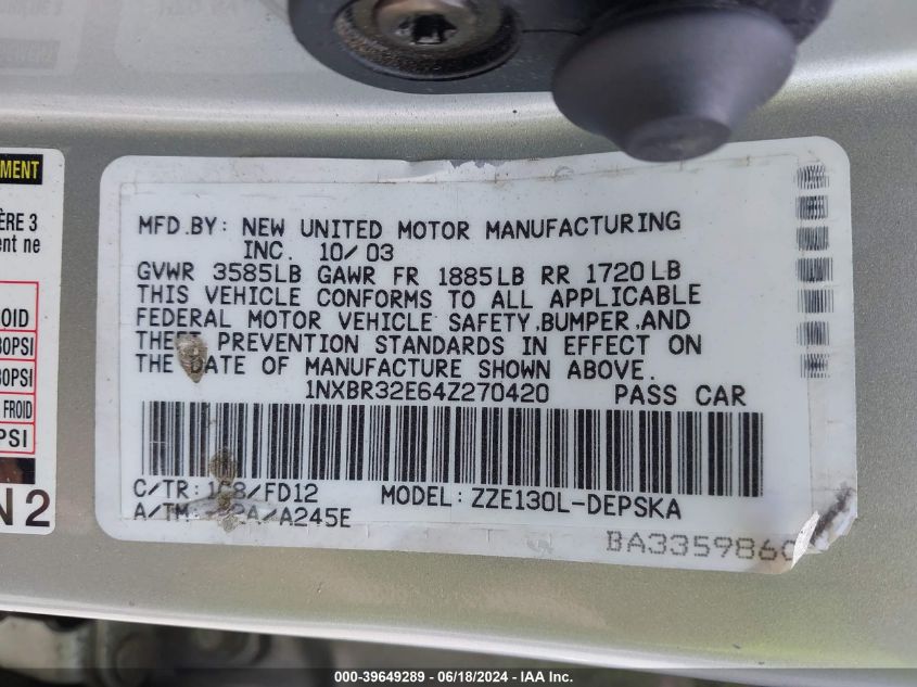 2004 Toyota Corolla S VIN: 1NXBR32E64Z270420 Lot: 39649289