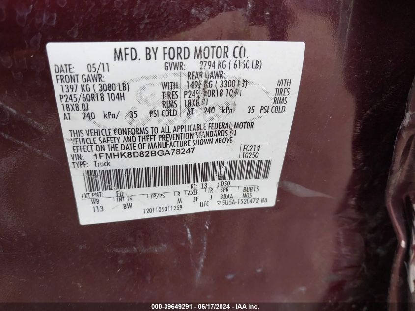 2011 Ford Explorer Xlt VIN: 1FMHK8D82BGA78247 Lot: 39649291