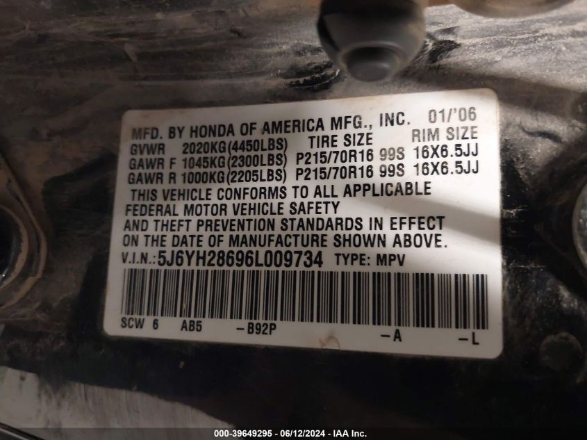 2006 Honda Element Ex VIN: 5J6YH28696L009734 Lot: 39649295