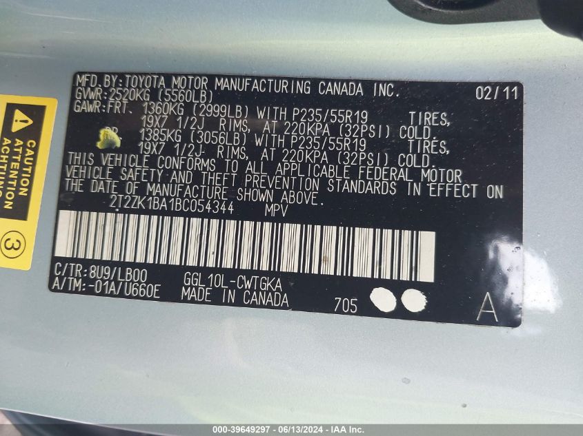 2011 Lexus Rx 350 VIN: 2T2ZK1BA1BC054344 Lot: 39649297