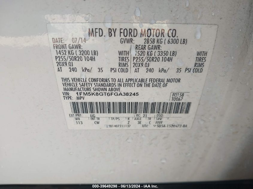 2015 Ford Explorer Sport VIN: 1FM5K8GT6FGA38245 Lot: 39649298