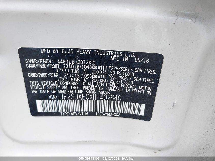 2017 Subaru Forester 2.5I Premium VIN: JF2SJAECXHH402640 Lot: 39649307