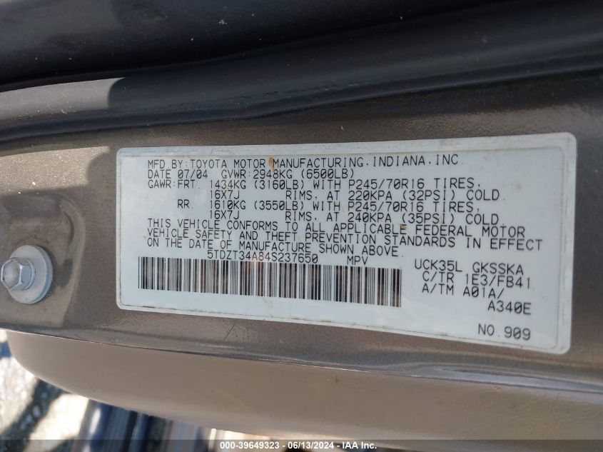 2004 Toyota Sequoia Sr5 V8 VIN: 5TDZT34A84S237650 Lot: 39649323