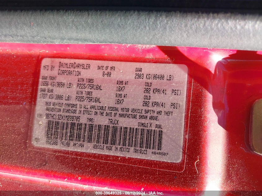 2001 Dodge Ram 1500 St VIN: 3B7HC13ZX1M289705 Lot: 39649325