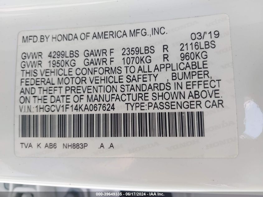 1HGCV1F14KA067624 2019 Honda Accord Lx