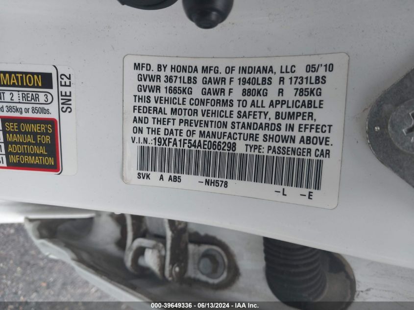 2010 Honda Civic Lx VIN: 19XFA1F54AE066298 Lot: 39649336